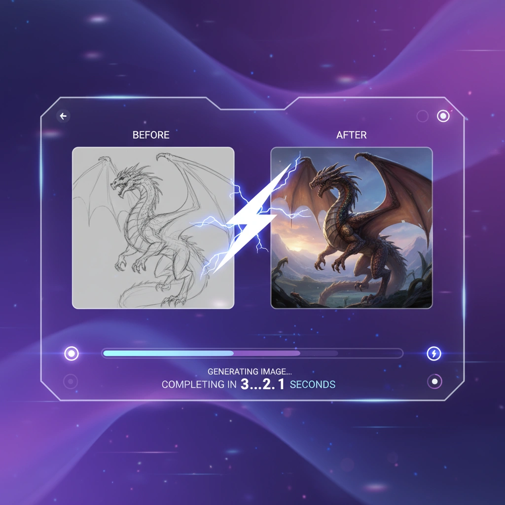 나노바나나 AI 이미지 생성 예시, 드래곤 스케치가 몇 초 만에 정교한 판타지 아트워크로 변환됨