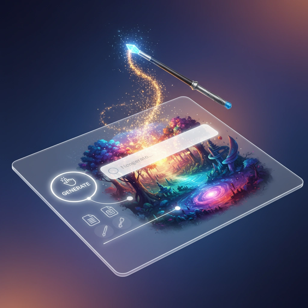 홀로그램 같은 투명한 태블릿이 공중에 떠 있고, 그 위로 마법 지팡이가 빛을 내뿜고 있습니다. 나노바나나 AI로 만들어낸 듯한 화려한 판타지풍의 풍경이 태블릿 화면에 나타나 있습니다.