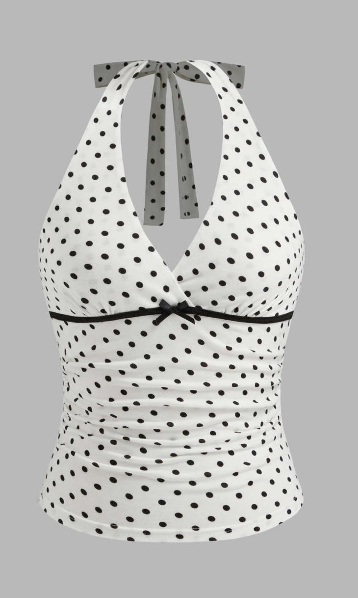 화이트 도트 홀터탑, 깊은 V넥과 타이 스트랩.
