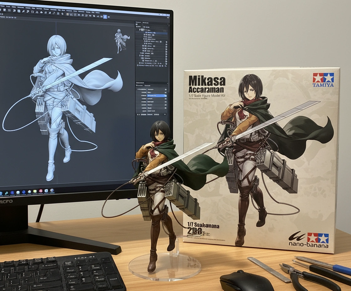 나노바나나로 제작된 미카사 아커만 피규어가 책상 위에 놓여 있고, 모니터에는 3D 모델이, 배경에는 나노바나나 로고가 있는 박스가 보인다
