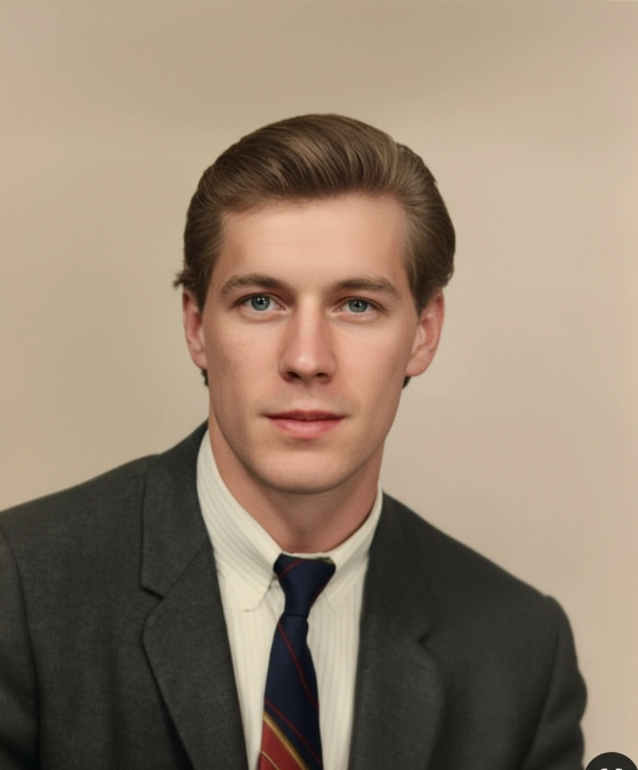 오래된 사진을 바탕으로 나노바나나 AI가 복원한 정장 차림 젊은 남성의 컬러 초상.