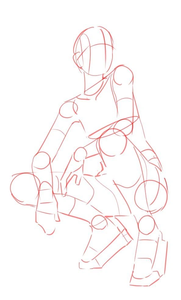 빨간 선으로 그린 인체 구조 스케치. 역동적인 쪼그려 앉은 포즈로 머리는 왼쪽으로 약간 돌려 있고 한쪽 무릎을 세우고 손은 무릎 근처에 있다.