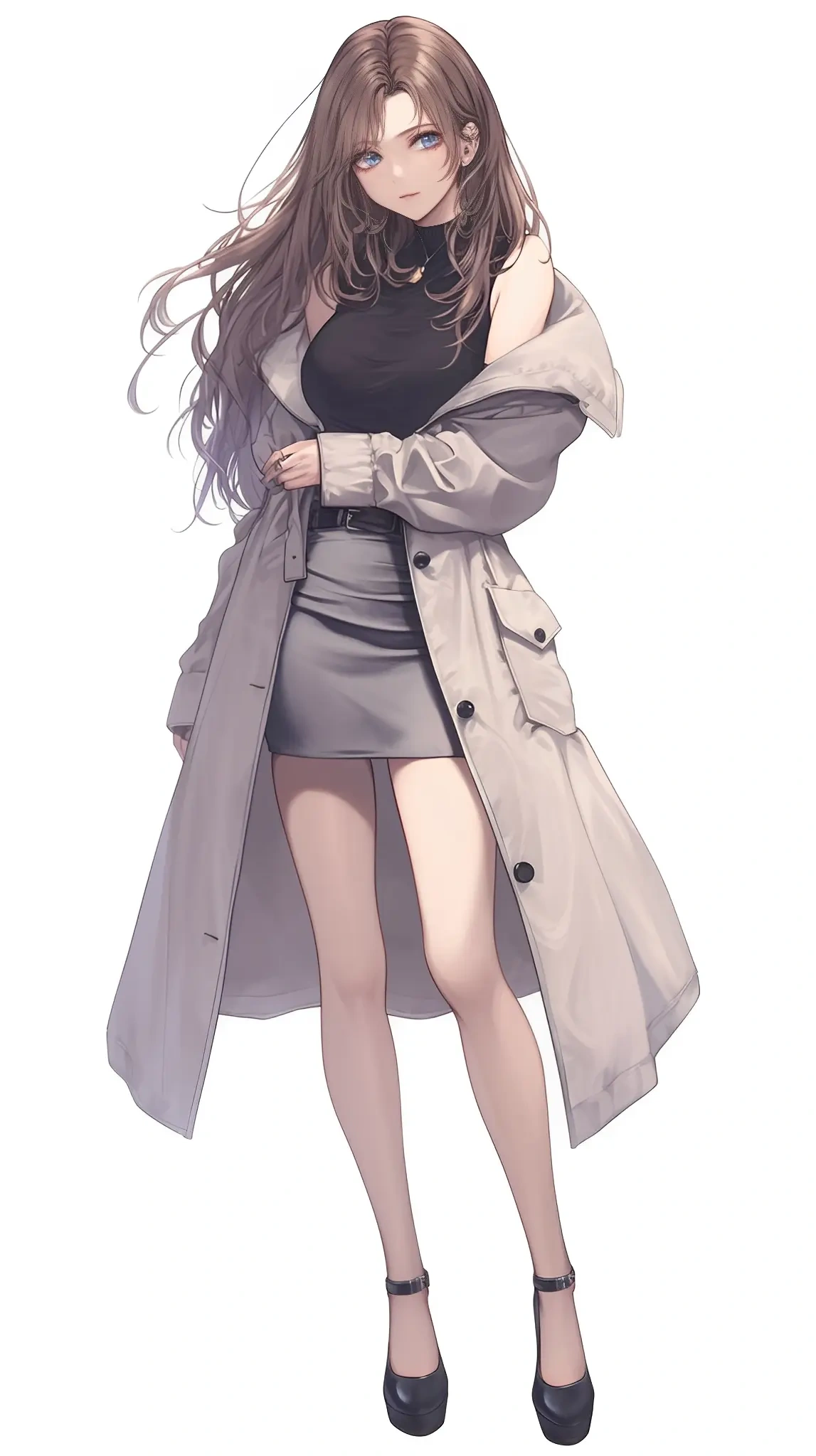 흰 배경에서 검은 상의와 치마 위에 베이지 트렌치코트를 걸친 애니풍 여성.