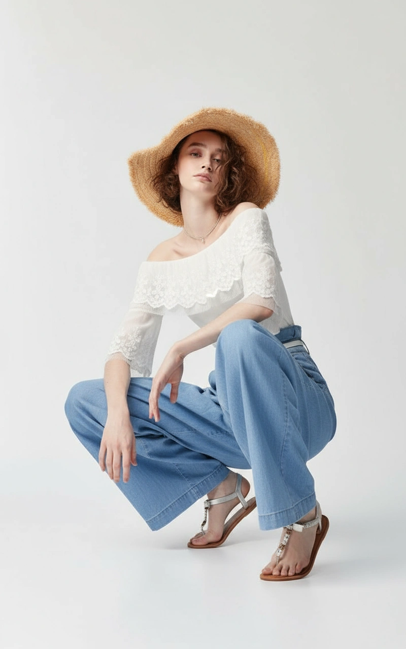 스튜디오에서 쭈그려 앉은 인물. 밀짚모자와 오프숄더 흰 레이스 톱, 연청 와이드 진, 샌들을 착용한 모습으로 Nano Banana가 합성한 이미지.